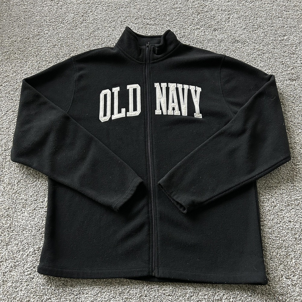 Y2K Old Navy Jacket Mens Large Black Fleece Full Zip Stand Collar Logo Casual